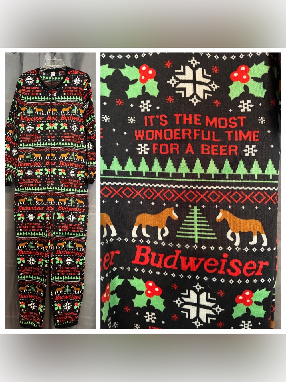Budweiser Clydsdale Horses Christmas Print Pajamas MEDIUM 1 Piece Union Suit